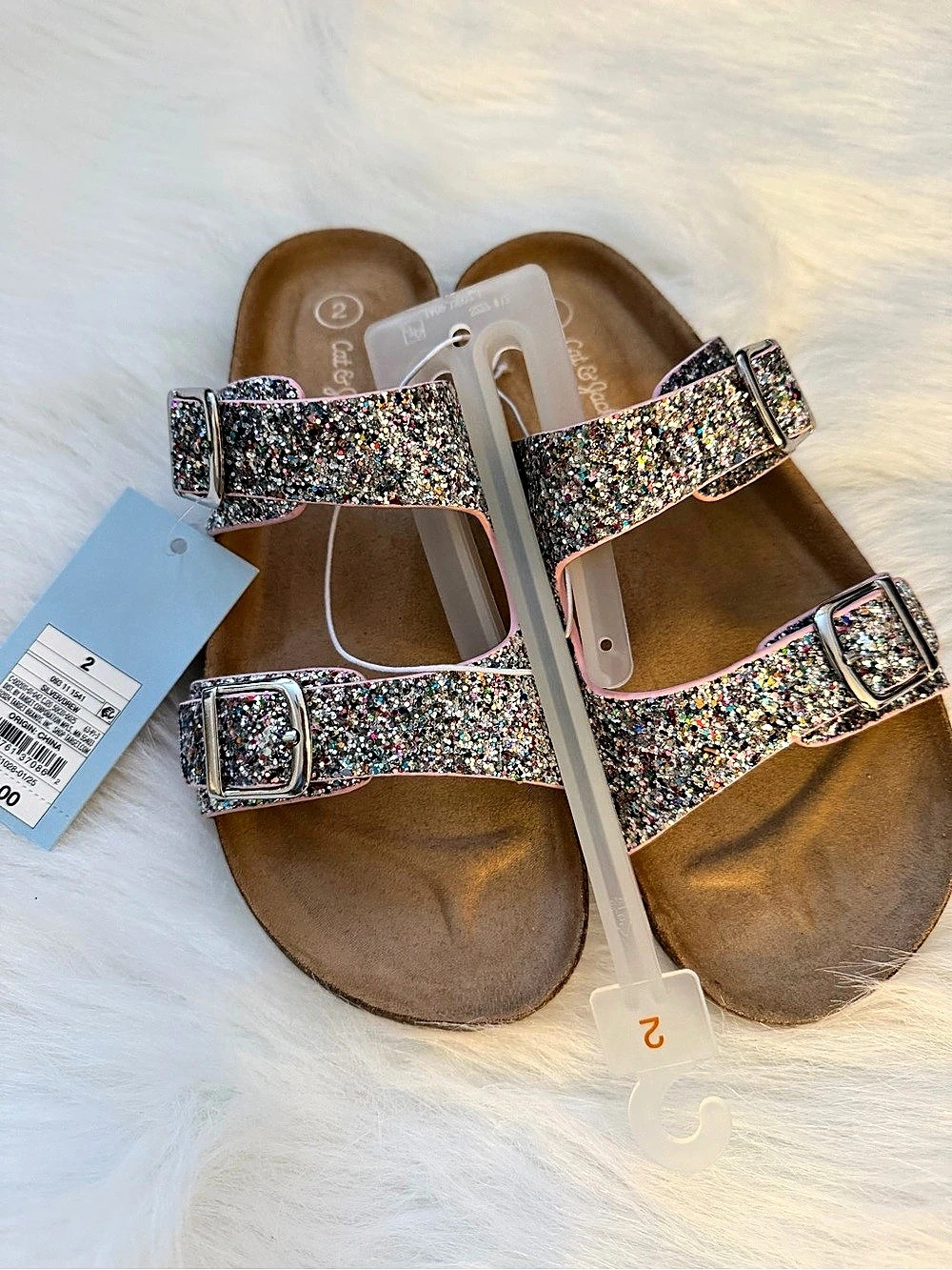 Cat & Jack Girls Glitter Double Buckle Slide Sandals Girls US 2 NWT